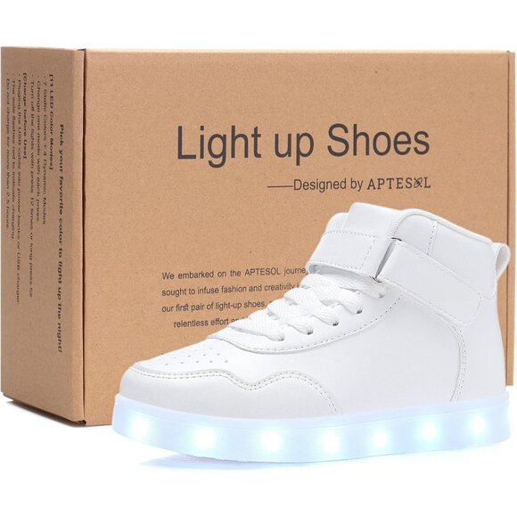 Kids White LED Light Up Shoes High Top Cool USB Rechargeable Flashing Sneakers - Picture 4 of 7
